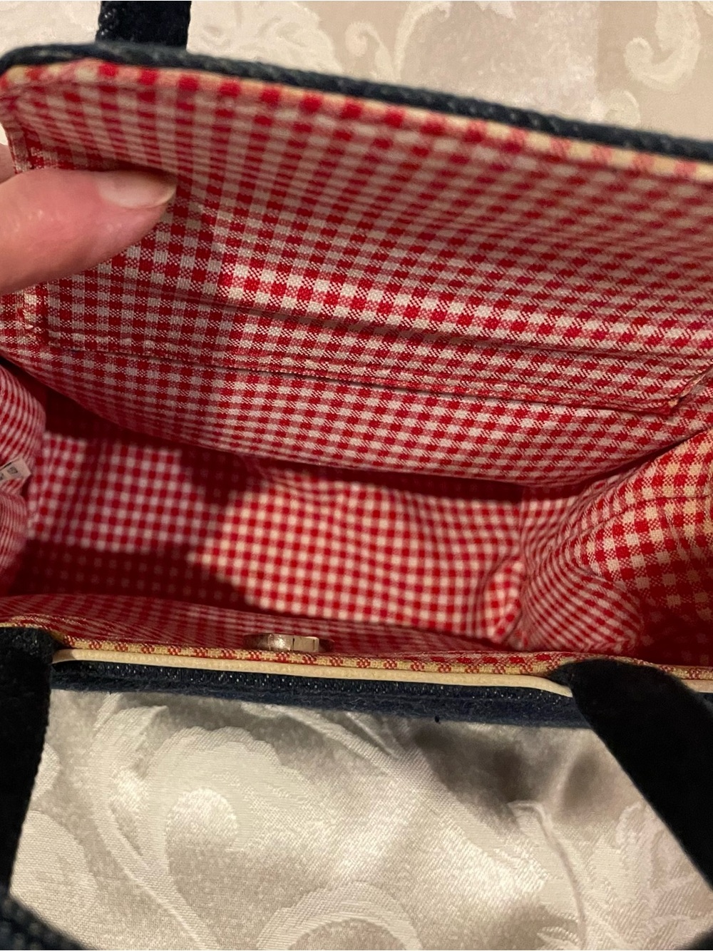 Vintage Y2K Kate Spade denim Blue Jean purse, red cottagecore gingham interior - Picture 9 of 16